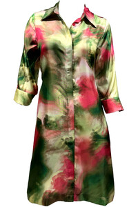 Green-Pink Marble Silk Shirt Dress